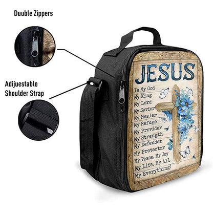 Jesus Is My God My King Blue Flower Wooden Cross White Butterfly Lunch Bag, Christian Lunch Box For School, Picnic