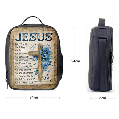 Jesus Is My God My King Blue Flower Wooden Cross White Butterfly Lunch Bag, Christian Lunch Box For School, Picnic