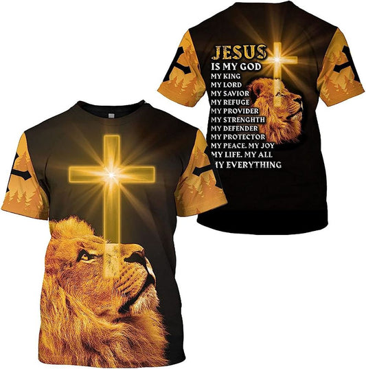 Jesus Is My God My King Lion Cross All Over Print 3D T Shirt For Men And Women, Christian T-Shirt, Faith Shirt
