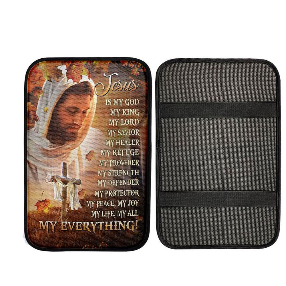 Jesus Is My God My King My Everything Car Armrest Pad - Autumn Season Wooden Cross Car Center Console Cover, God Car Armrest Accessories