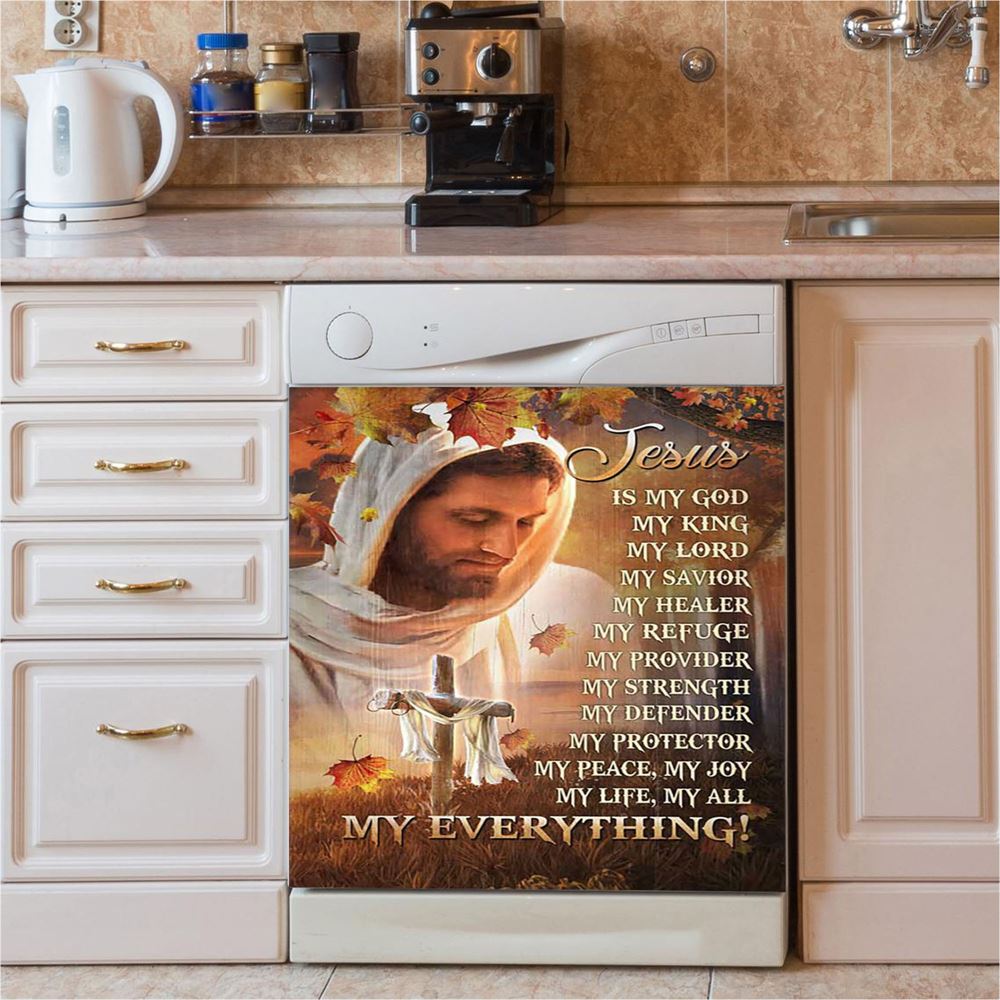 Jesus Is My God My King My Everything Dishwasher Cover, Autumn Season Wooden Cross Dishwasher Stickers, Christian Kitchen Decor