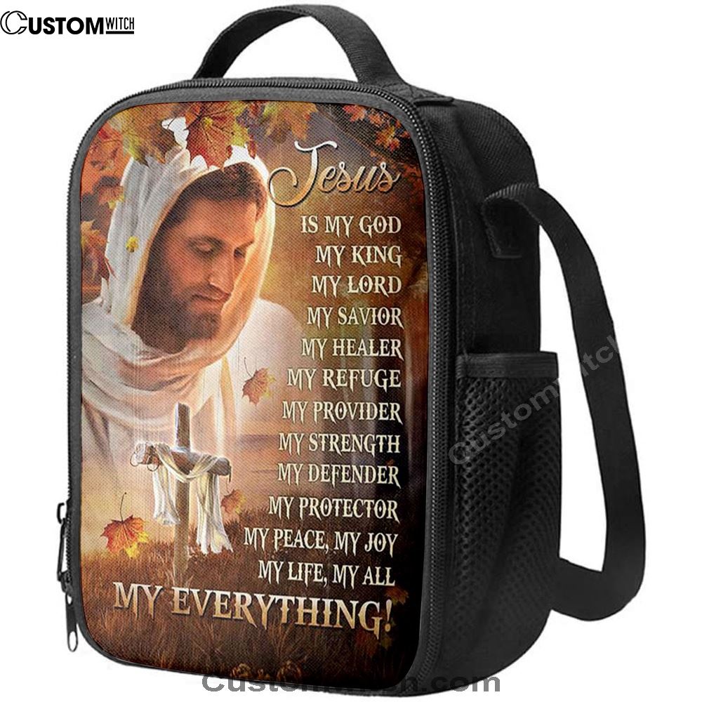 Jesus Is My God My King My Everything Lunch Bag - Autumn Season Wooden Cross Lunch Bag, Christian Lunch Box For School, Picnic