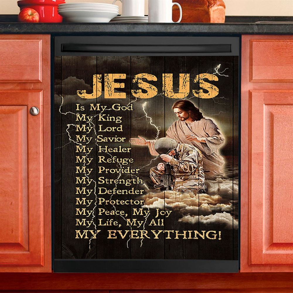 Jesus Is My God Soldier Thunder Dishwasher Cover, Jesus Portrait Dishwasher Stickers, Christian Kitchen Decor