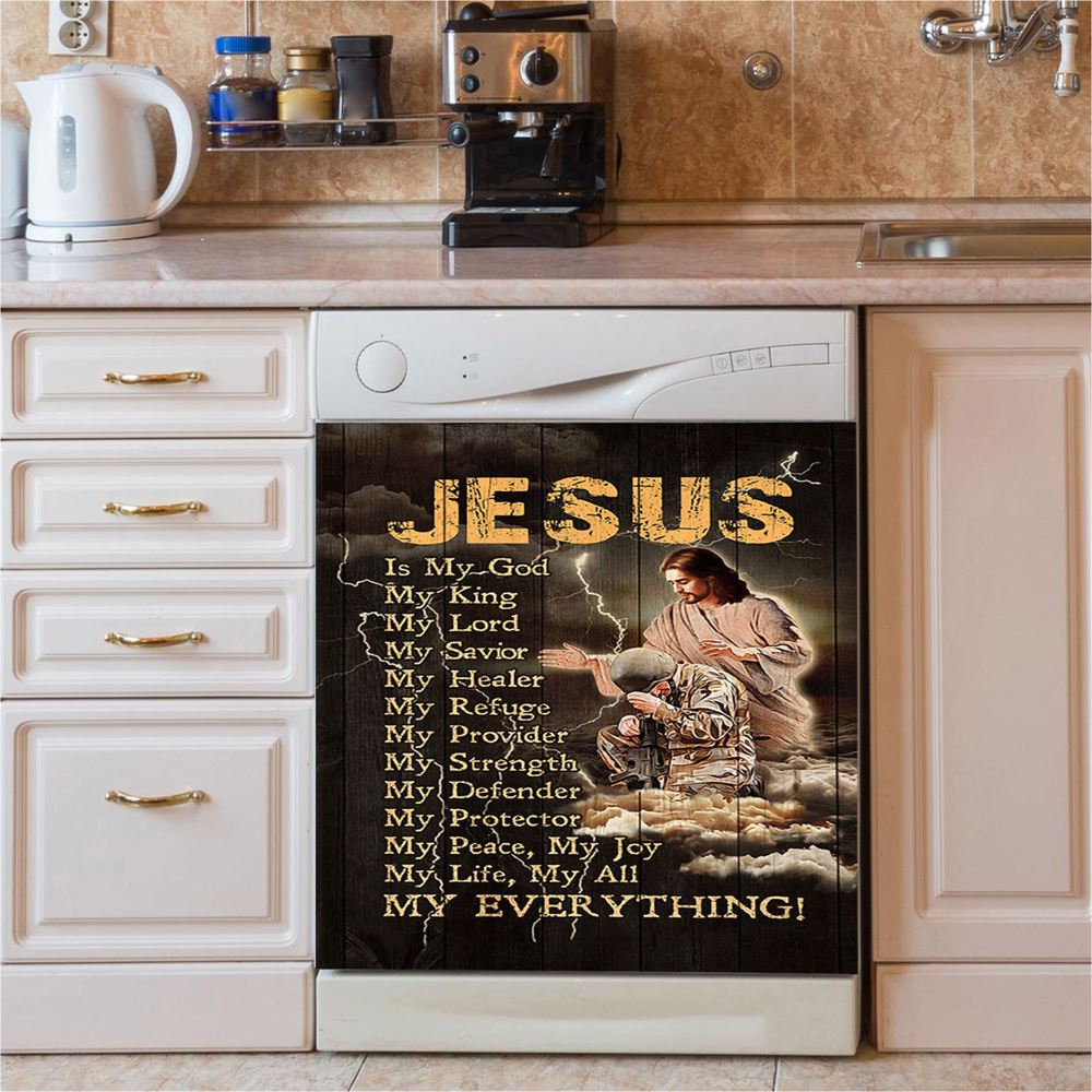 Jesus Is My God Soldier Thunder Dishwasher Cover, Jesus Portrait Dishwasher Stickers, Christian Kitchen Decor