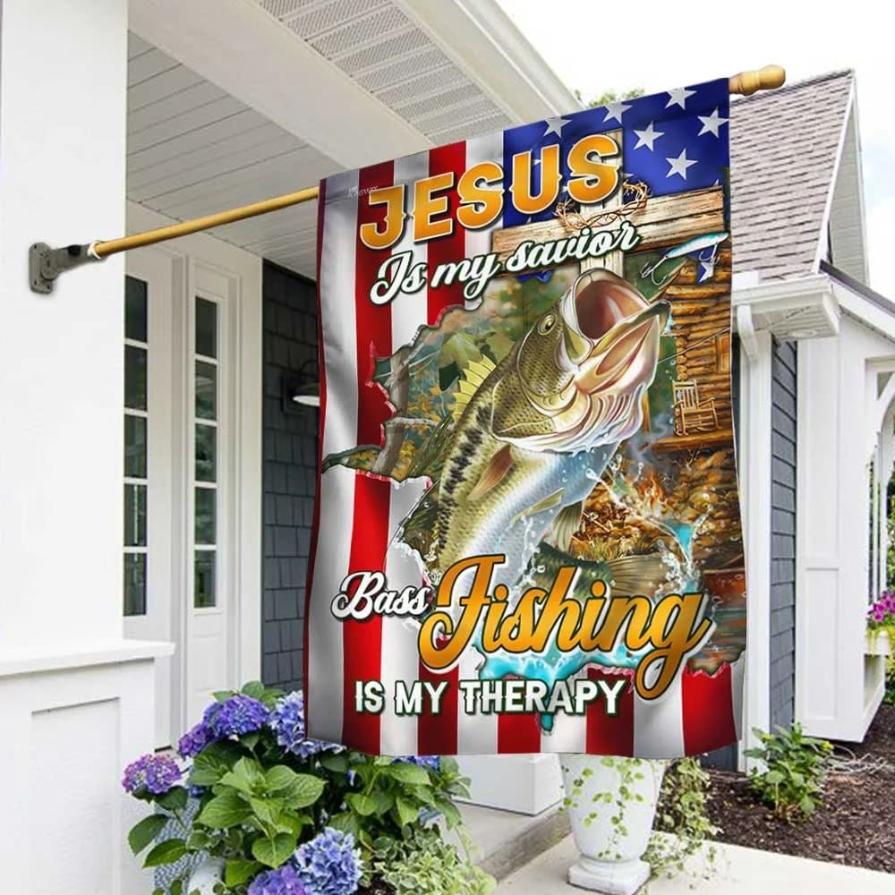Jesus Is My Savior Bass Fishing Is My Therapy House Flag, Christian Flag, Christian Flag, Scripture Flag, Garden Banner