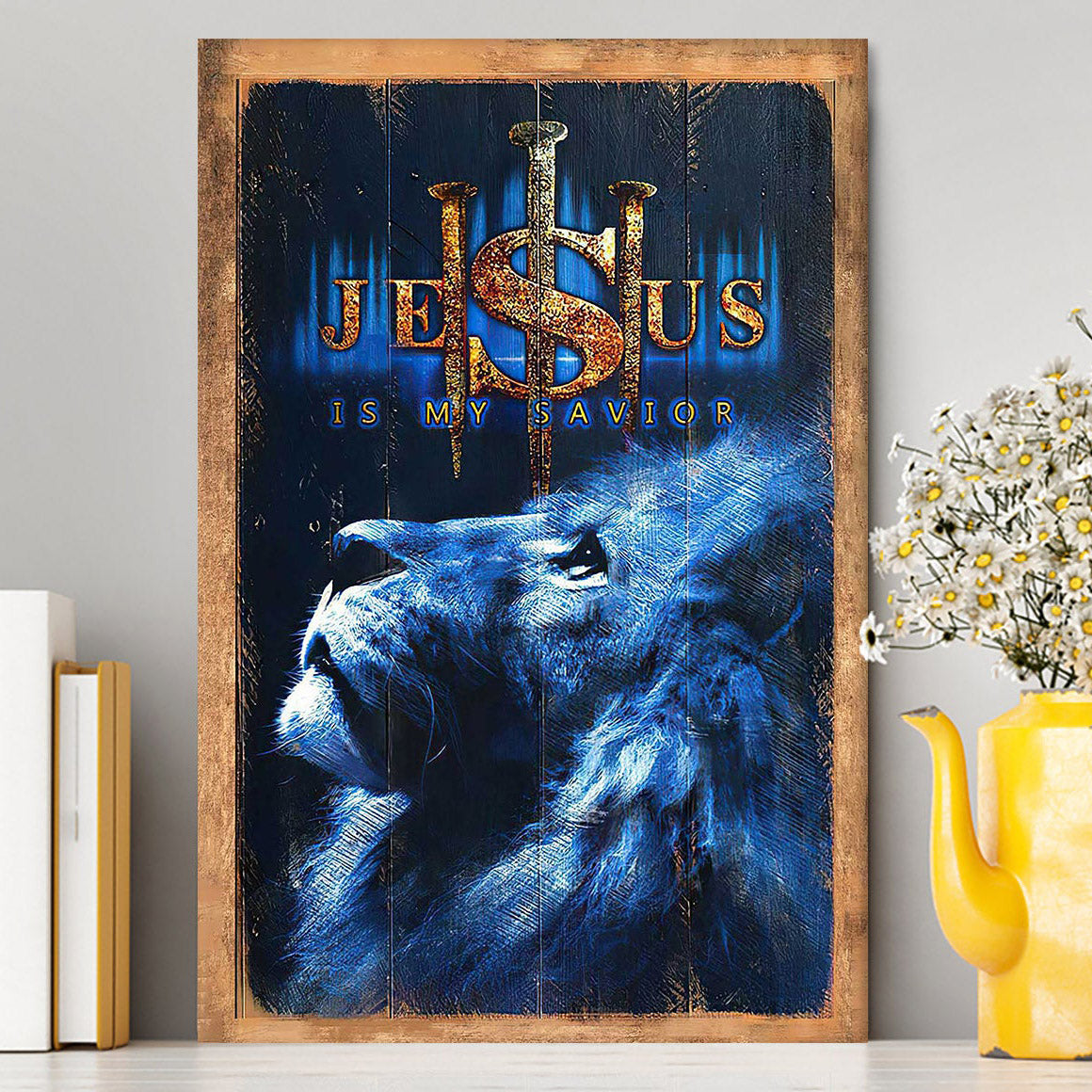 Jesus Is My Savior Blue Lion Canvas Art - Christian Art - Bible Verse Wall Art - Religious Home Decor