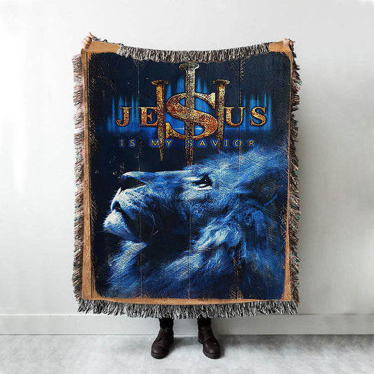 Jesus Is My Savior Blue Lion Woven Blanket Art - Christian Art - Bible Verse Throw Blanket - Religious Home Decor