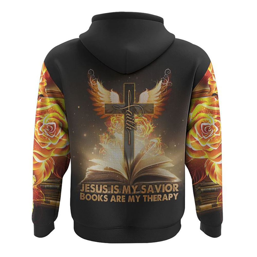 Jesus Is My Savior Books Are My Therapy Gold Faith Cross All Over Print 3D Hoodie, Christian Hoodie, Christian Sweatshirt, Bible Verse Shirt
