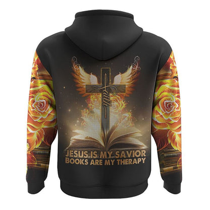 Jesus Is My Savior Books Are My Therapy Gold Faith Cross All Over Print 3D Hoodie, Christian Hoodie, Christian Sweatshirt, Bible Verse Shirt