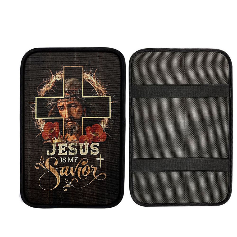 Jesus Is My Savior Crown Of Thorns Red Flowers Car Center Console Cover, God Car Armrest Accessories