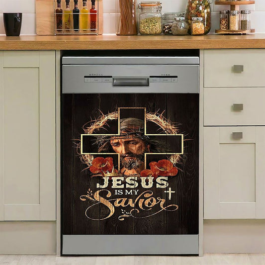 Jesus Is My Savior Crown Of Thorns Red Flowers Dishwasher Cover, Christian Dishwasher Stickers, Bible Verse Kitchen Decor