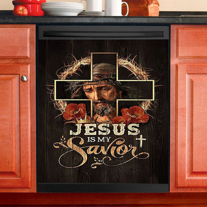 Jesus Is My Savior Crown Of Thorns Red Flowers Dishwasher Cover, Christian Dishwasher Stickers, Bible Verse Kitchen Decor