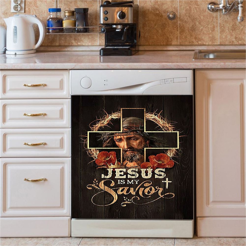 Jesus Is My Savior Crown Of Thorns Red Flowers Dishwasher Cover, Christian Dishwasher Stickers, Bible Verse Kitchen Decor
