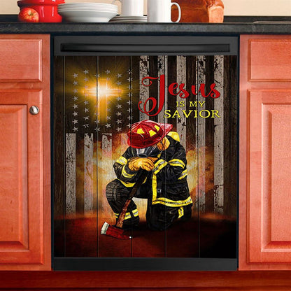 Jesus Is My Savior Firefighter Fireman Dishwasher Cover, Jesus Portrait Dishwasher Stickers, Christian Kitchen Decor