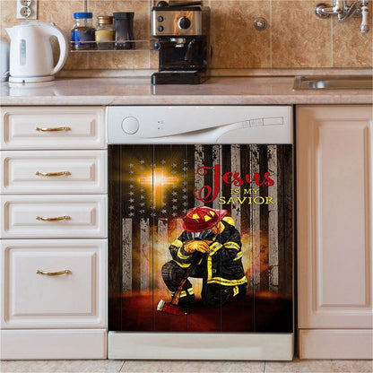 Jesus Is My Savior Firefighter Fireman Dishwasher Cover, Jesus Portrait Dishwasher Stickers, Christian Kitchen Decor