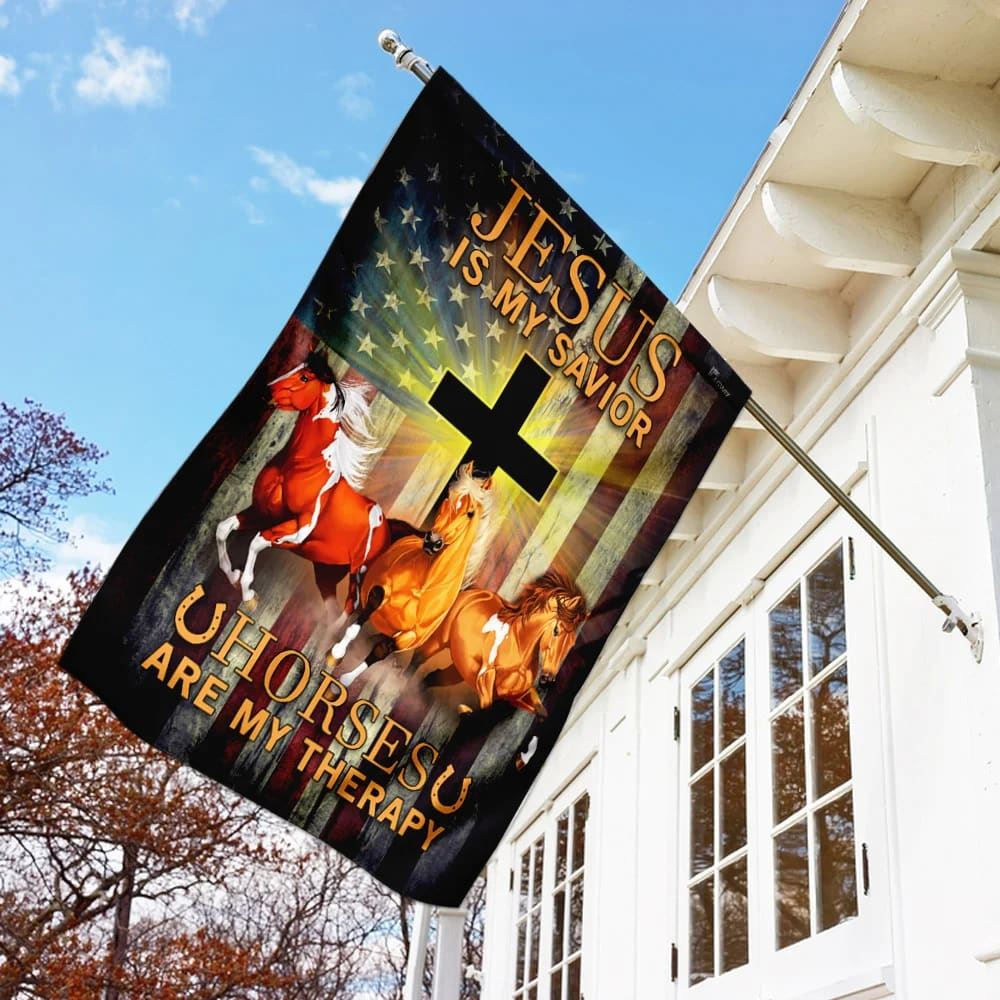 Jesus Is My Savior Horses Are My Therapy House Flags, Christian Flag, Scripture Flag, Garden Banner
