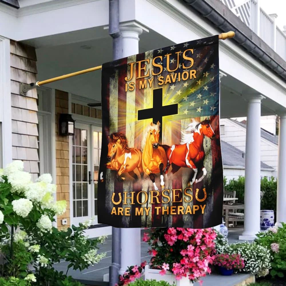 Jesus Is My Savior Horses Are My Therapy House Flags, Christian Flag, Scripture Flag, Garden Banner