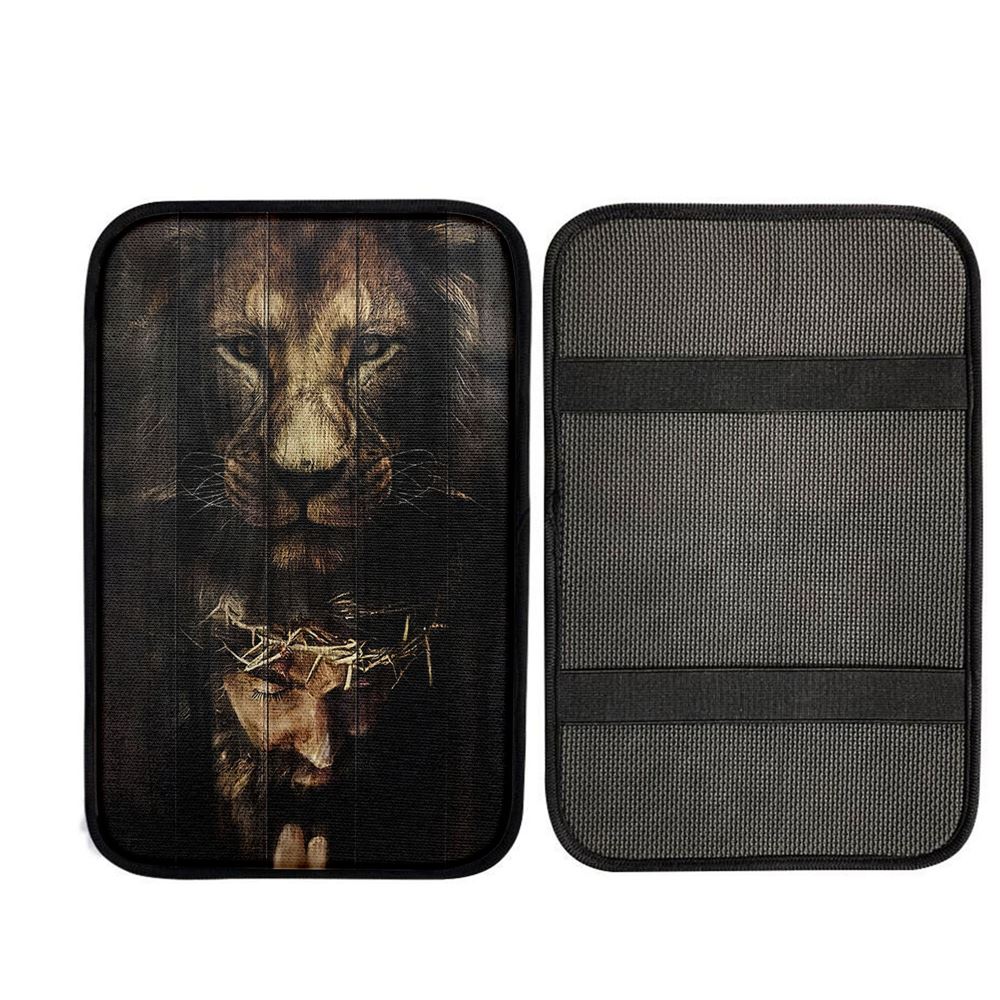 Jesus Is Praying Lion Car Center Console Cover - Lion Car Center Console Cover, God Car Armrest Accessories