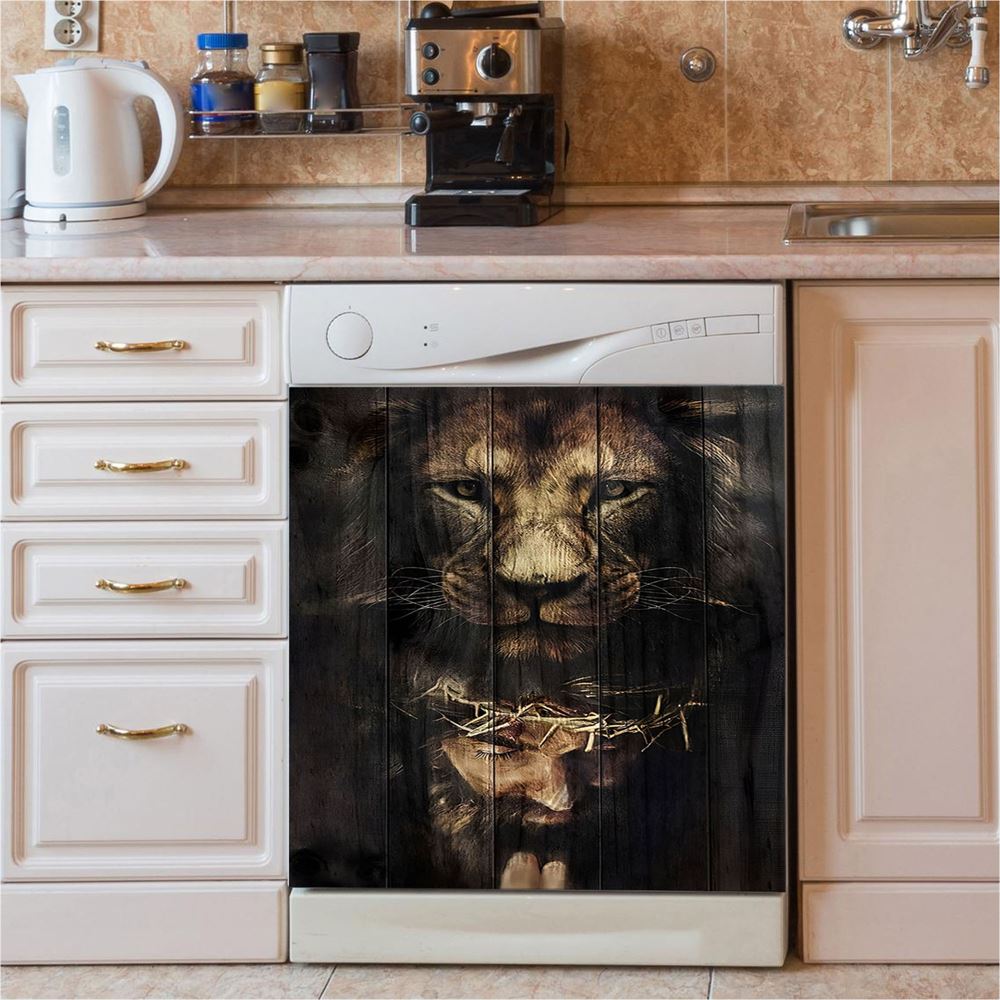 Jesus Is Praying Lion Dishwasher Cover, Lion Dishwasher Stickers, Christian Inspirational Kitchen Decor