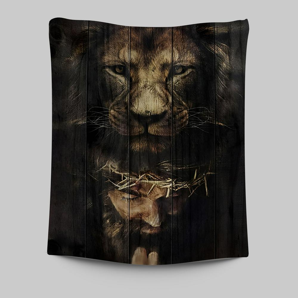 Jesus Is Praying Lion Tapestry Prints - Lion Tapestry Art - Christian Inspirational Tapestry