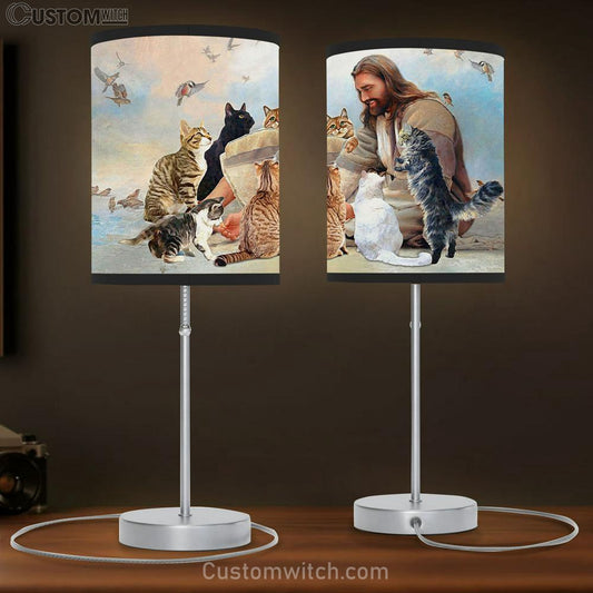 Jesus Is Surrounded By Cats Table Lamb Gift - Jesus Christ Table Lamb - Christian Table Lamb Prints