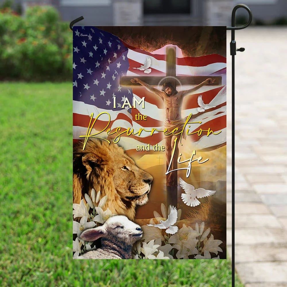 Jesus Is The Resurrection And The Life Lion And Lamb House Flag, Christian Flag, Christian Flag, Scripture Flag, Garden Banner