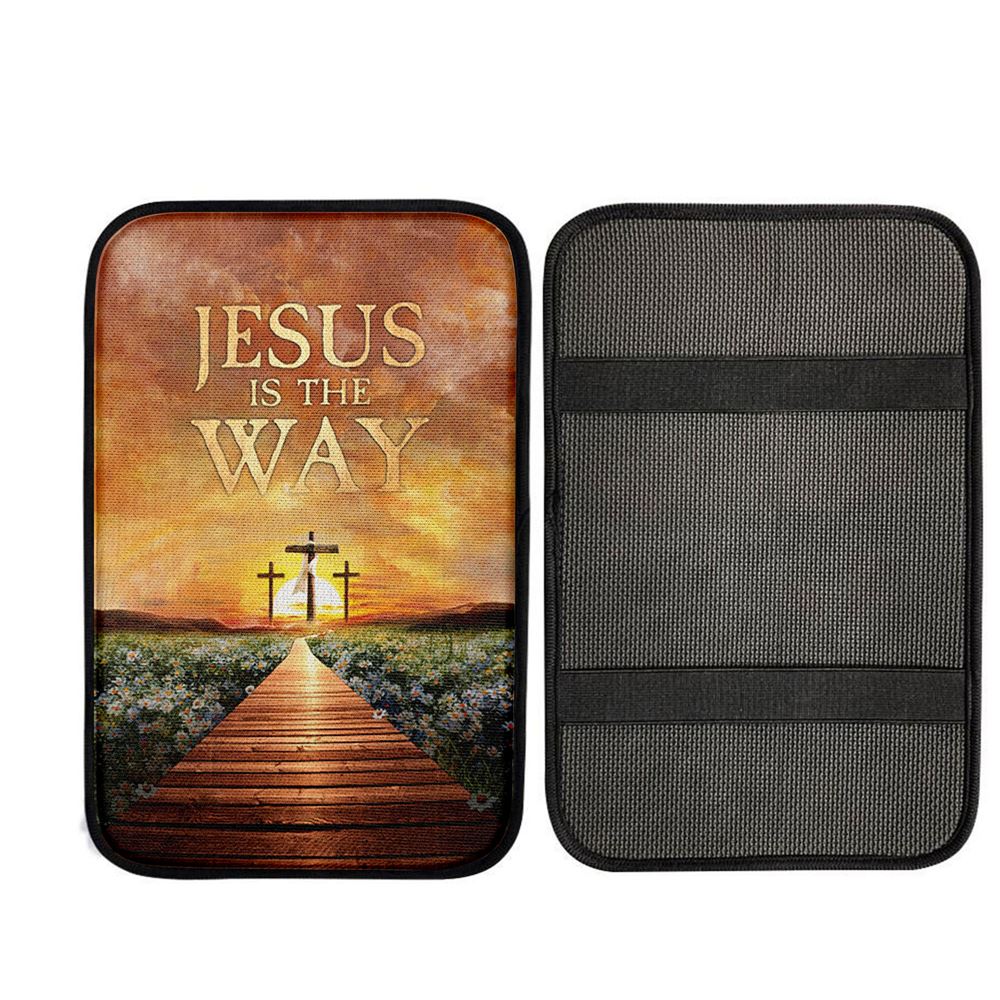 Jesus Is The Way Bridge Beautiful Sunset Cross Car Center Console Cover, Christian Car Armrest Accessories
