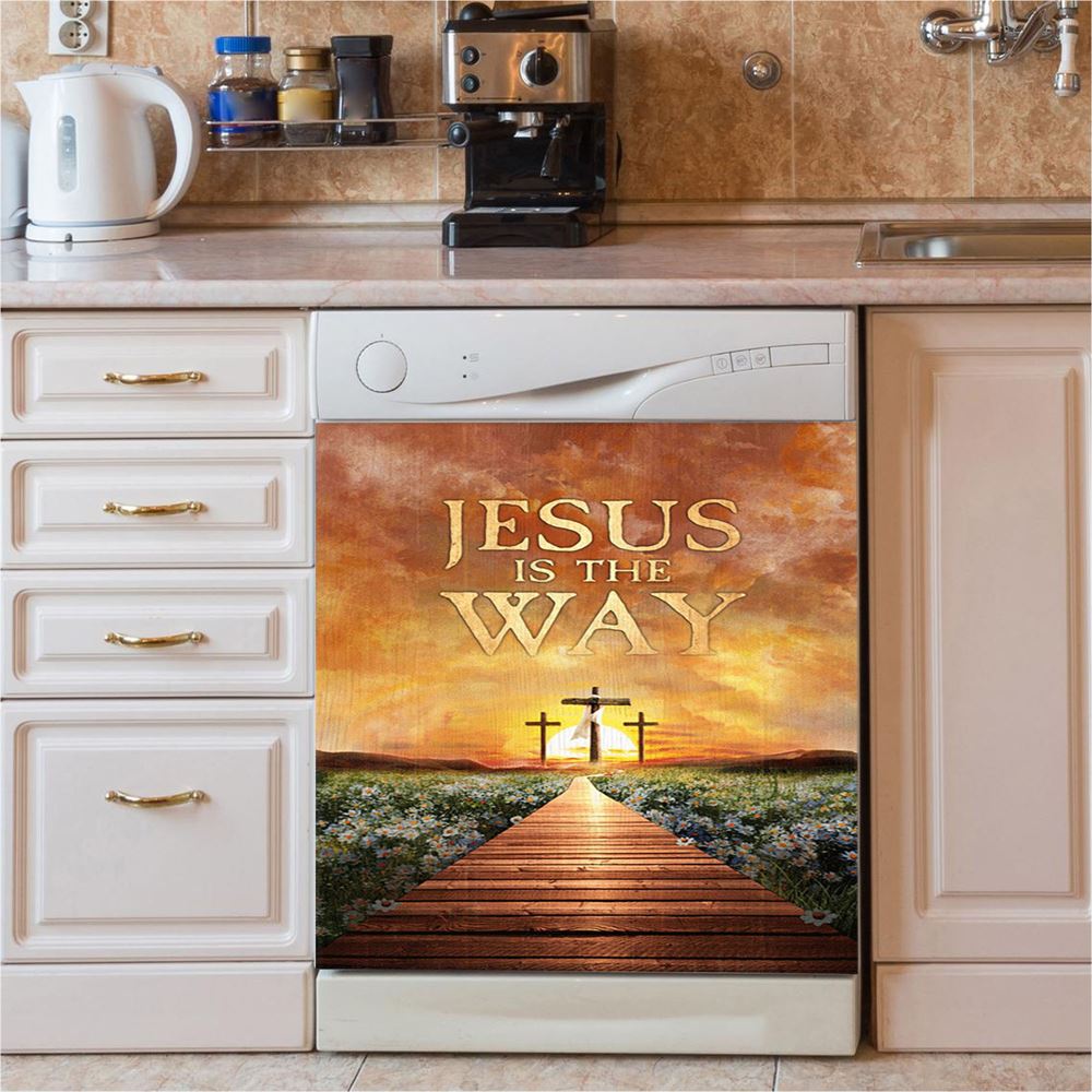 Jesus Is The Way Bridge Beautiful Sunset Cross Dishwasher Cover, Bible Verse Dishwasher Stickers, Inspirational Kitchen Decor