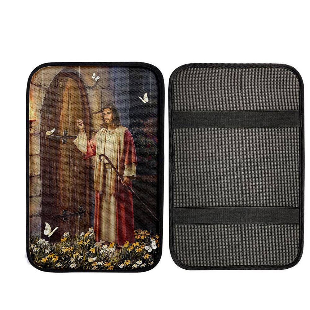 Jesus Knocks The Door Daisy Garden White Butterfly Car Center Console Cover, Christian Car Armrest Accessories