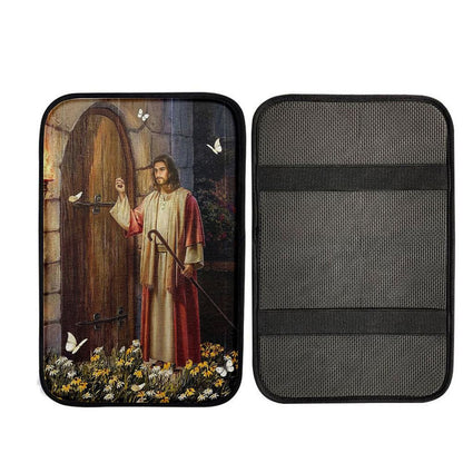 Jesus Knocks The Door Daisy Garden White Butterfly Car Center Console Cover, Christian Car Armrest Accessories