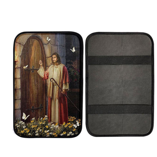 Jesus Knocks The Door Daisy Garden White Butterfly Car Center Console Cover, Christian Car Armrest Accessories