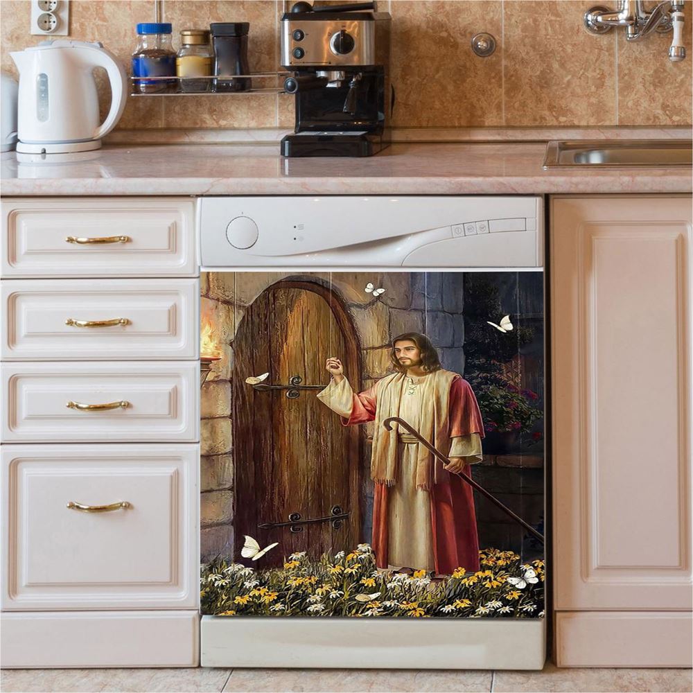Jesus Knocks The Door Daisy Garden White Butterfly Dishwasher Cover, Jesus Christ Dishwasher Stickers, Christian Kitchen Decor