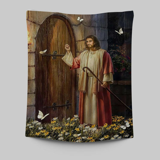 Jesus Knocks The Door Daisy Garden White Butterfly Tapestry Prints - Jesus Christ Tapestry Art - Christian Wall Decor