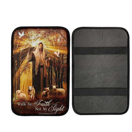 Jesus Lamb Of God Autumn Forest Walk By Faith Not By Sight Car Center Console Cover, Car Armrest Pad, Christian Gift, Armrest Box Mat