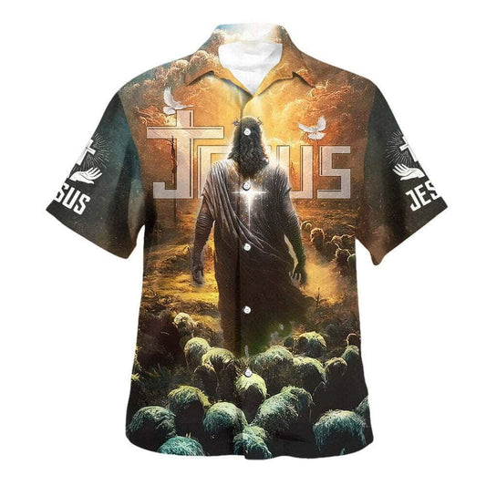 Jesus Leading Sheep Hawaiian Shirt For Men, Christian Hawaiian Shirt, Gift For Christian