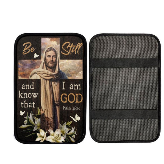 Jesus Lily Flowers Cross Be Still And Know That I Am God Car Center Console Cover, Car Armrest Pad, Christian Gift, Armrest Box Mat