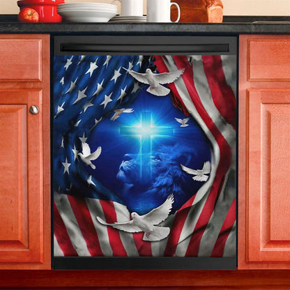 Jesus Lion American Flag Of Faith Dishwasher Cover, Bible Verse Dishwasher Stickers, Scripture Kitchen Decor