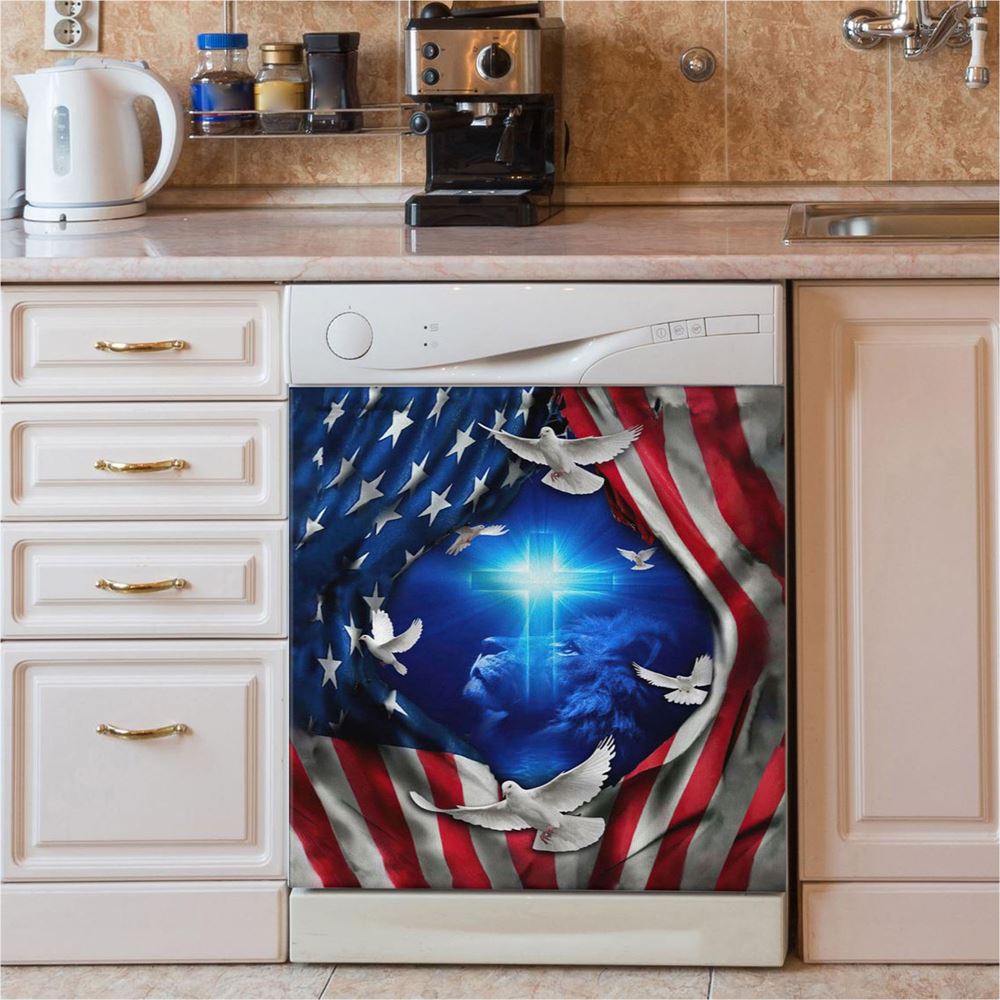 Jesus Lion American Flag Of Faith Dishwasher Cover, Bible Verse Dishwasher Stickers, Scripture Kitchen Decor