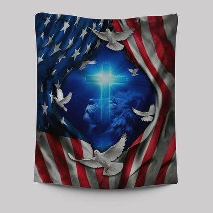 Jesus Lion American Flag Of Faith Tapestry Prints - Bible Verse Wall Decor - Scripture Wall Art