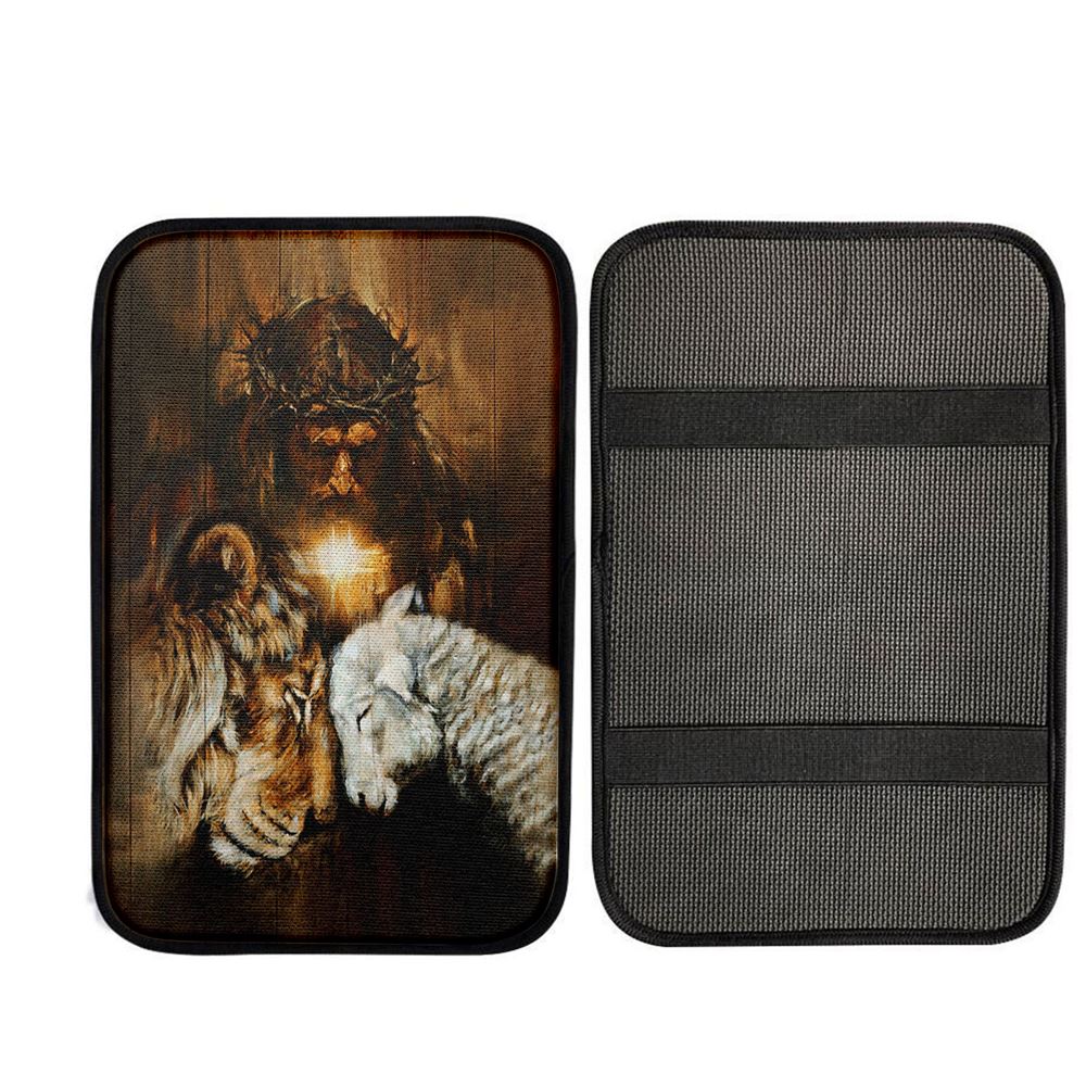 Jesus Lion And Lamb Cross Car Center Console Cover, Christian Car Armrest Accessories