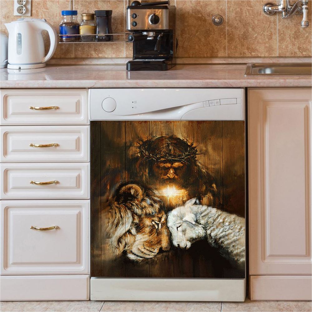 Jesus Lion And Lamb Cross Dishwasher Cover, Jesus Portrait Dishwasher Stickers, Christian Kitchen Decor