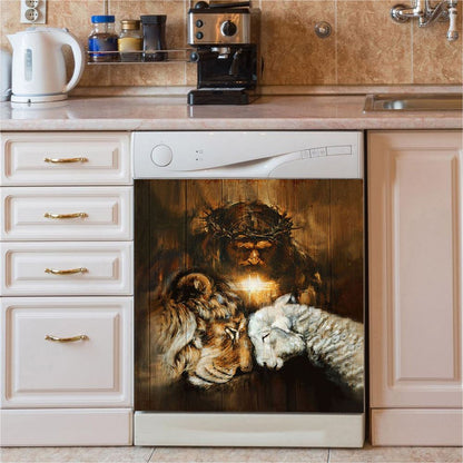Jesus Lion And Lamb Cross Dishwasher Cover, Jesus Portrait Dishwasher Stickers, Christian Kitchen Decor
