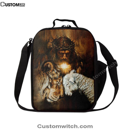 Jesus Lion And Lamb Cross Lunch Bag, Christian Lunch Box For School, Picnic