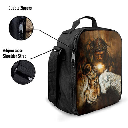 Jesus Lion And Lamb Cross Lunch Bag, Christian Lunch Box For School, Picnic