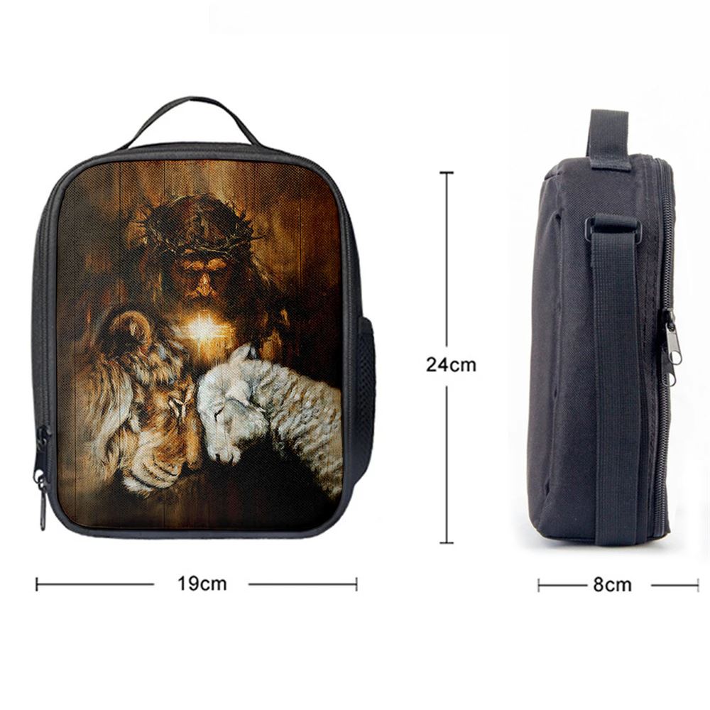 Jesus Lion And Lamb Cross Lunch Bag, Christian Lunch Box For School, Picnic