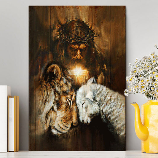 Jesus Lion And Lamb Cross Wall Art Canvas - Jesus Portrait Canvas Prints - Christian Wall Art