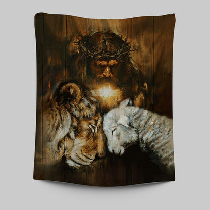 Jesus Lion And Lamb Cross Wall Art Tapestry - Jesus Portrait Tapestry Prints - Christian Wall Art