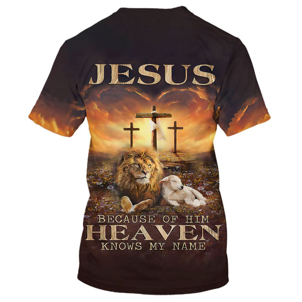 Jesus Lion And Lamb Jesus Because Of Him Heaven Knows My Name All Over Print 3D T Shirt For Men And Women, Christian T-Shirt