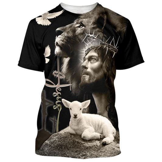 Jesus Lion And The Lamb Black All Over Print 3D T Shirt For Men And Women, Christian T-Shirt, Faith Shirt