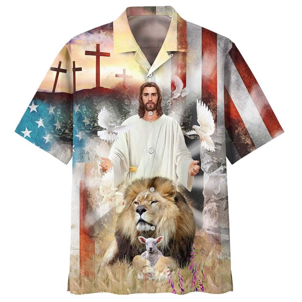 Jesus Lion And The Lamb Cross Christian American Flag Hawaiian Shirt For Men, Christian Hawaiian Shirt, Gift For Christian
